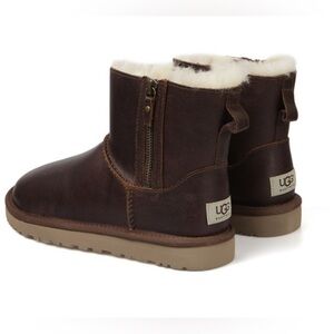 UGG NEW Leather Brown Ankle Boots with Cream Fur Lining & Double Zips, Sz 10